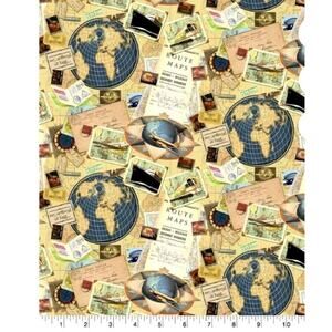 1 Yard Cut Fabric Kate Ward Thacker Bon Voyage 36x44” Travel Maps Postcards